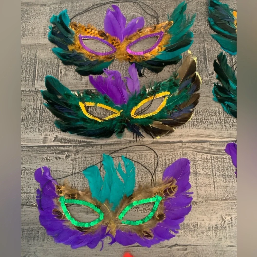 Mardi Gras Masks, 8 Feathered Sequin Elastic Band, Colorful Cute Bright Colors